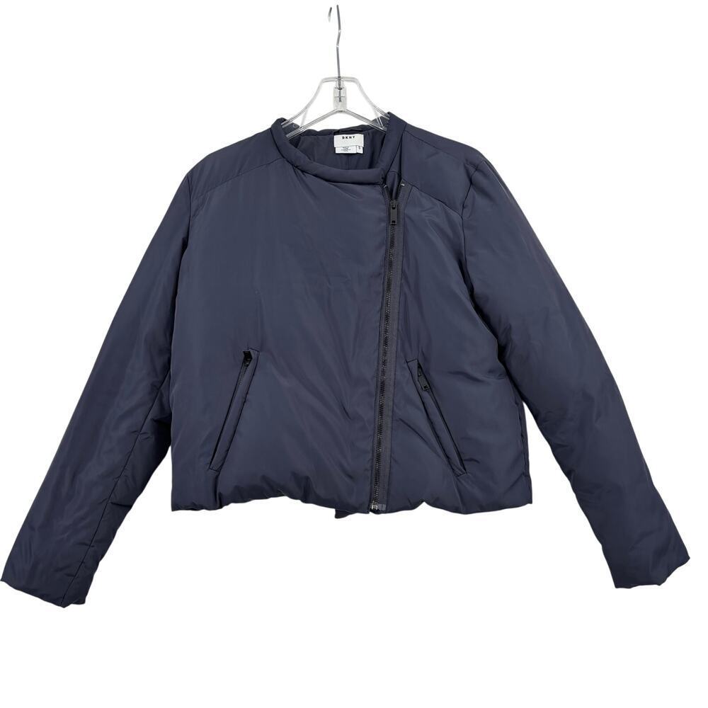 DKNY Down Jacket Size S Bluish Gray Puffer Cropped Asymmetric Zip Sleeve Details